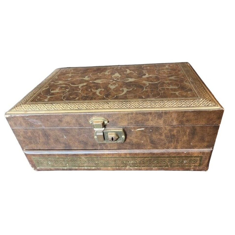 Vintage Leather‎ Covered Wooden Jewelry / Trinket Box [No Key]
